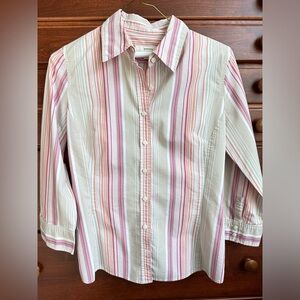 Merona White Beige Pink Cranberry Orange Striped 3/4 Sleeve Button Down Blouse S